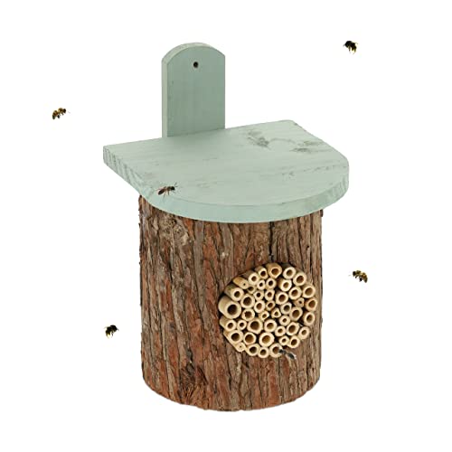 Relaxdays Insektenhotel, Nisthilfe für Wildbienen, HBT: 26,5 x 17 x 19 cm, Bienenhotel Garten & Balkon, Holz, Natur/grün