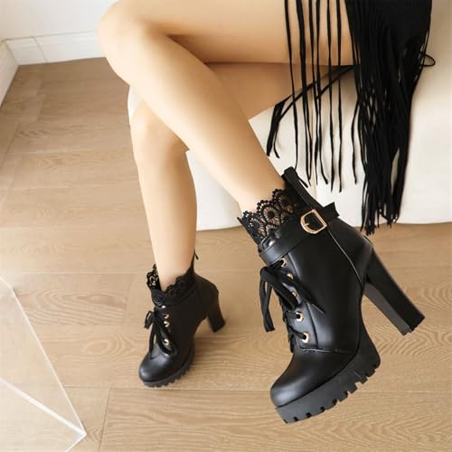 Image of FOREADA Goth Boots Chunky Heel Boot For Women Ankle Combat Booties Black Platform Bootie Buckle Rivets Punk Goth Shoes With Zipper