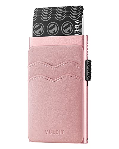 Image of VULKIT Credit Card Holder Minimalist Slim Pop Up Wallet with Leather Slots RFID Blocking for Men and Women Holds 7 Cards and Notes Rose