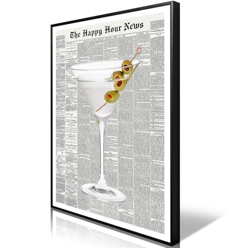 Trendy Green Martini Canvas Wall Art Vintage Newspaper Retro Bar