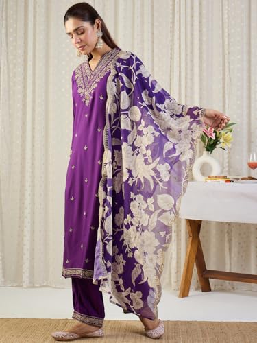 Image of INDO ERA Women's Rayon Viscose Rayon Embroidered Straight Kurta & Salwar with Dupatta Set