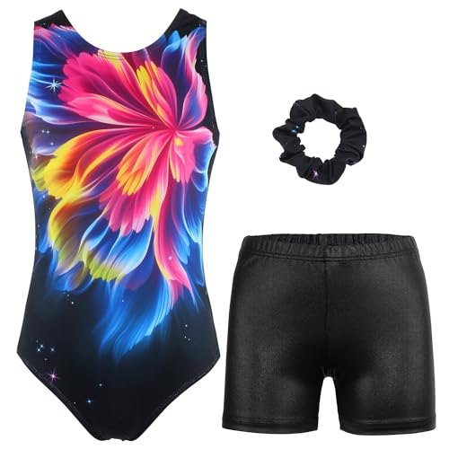 Image of MODAFANS Leotards for Girls Gymnastics with Shorts Dance unitards Tumbling Biketards with Hair Scrunchie for3-13T