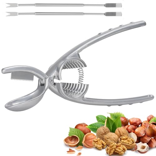2-in-1 Nussknacker mit Kastanien Schneider, Walnüsse Nutcracker für Walnüsse, Haselnüsse und Alle Nüsse von 1-4cm, Aluminium-Haselnussknacker mit Rutschfeste Griff, Walnussknacker für Ganzen Nüsse