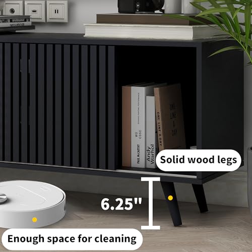 Fsbecl Mid Century Modern TV Stand for TVs up to 70\'\', with Sliding Doors and Open Shelf, Entertainment Center with Storage, Media Console for Living Room, Black