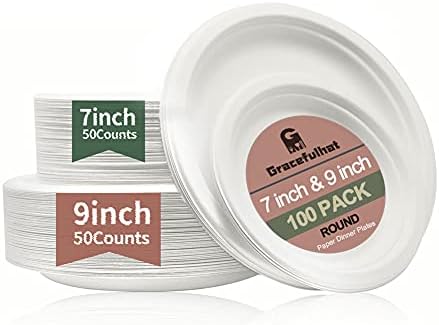 Chinette Paper Plates Dinner for 50 Guests | 7 inch Paper Plates & 50 Pcs 9 inch Disposable Plates | Total: 100 Pcs | White | Uncoated | Biodegradable | Compostable | Chinet paper plates dinner