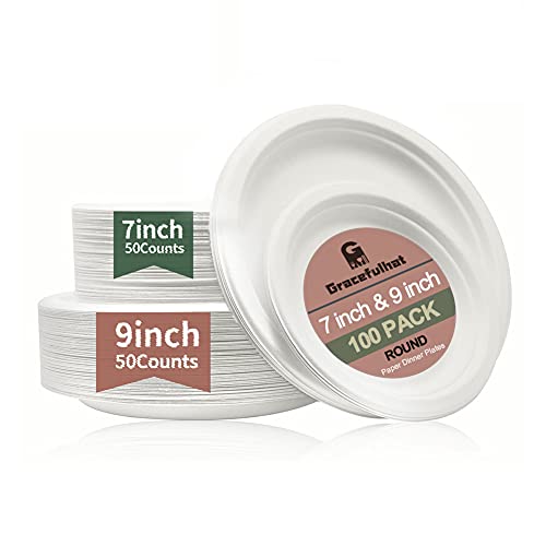 Platos de papel Chinette para 50 invitados | Platos de papel de 7 pulgadas y 50 platos desechables de 9 pulgadas | Total: 100 piezas | Blanco | Sin revestimiento | Biodegradable | Compostable Cover