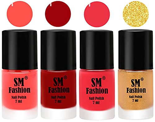 Image of Nail Polish Combo Set (Pack of 4) Quick Dry Gel Finish Nail Paint | Baby Pink,Light Red,Rose Pink,Light Golden | 7 ml Each