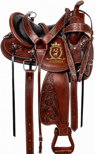 AZ SADDLES Premium Leather Western Trail Saddle Set for Horse Riding Hand Tooled Barrel Racing Ranch Saddle with Matching Headstall & Breast Collar Adult & Youth Sizes (Classic Brown 12 Inch Seat)