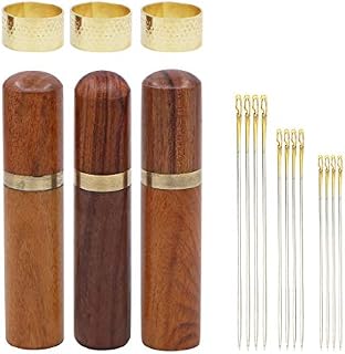 3 Pcs Wooden Needle Holder Storage Case with 36 Pcs Self-Threading Sewing Needles Gold Tail and 3 Pieces Copper Thimblest Ring,Sewing Needles Set for Stitching Embroidery DIY Sewing Craft