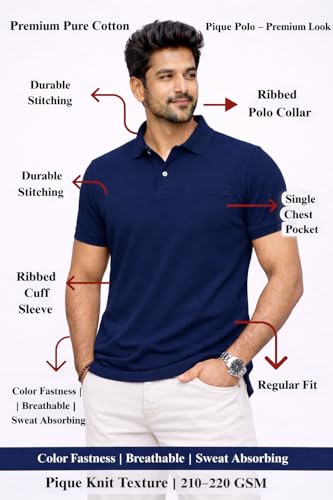 Image of Premium Pique Cotton Pocket Polo T-Shirt for Men | 210-220 GSM | Regular Fit | 2-Button Placket | Soft Breathable Fabric | XS-3XL