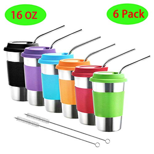 BinPer Stainless Steel Cups with Lids and Straws,6 Pack 16oz Kids Cups