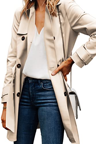 Danedvi Women Fashion Casual Elegant Lapel Solid Button Down Blazer Work Wear Office Long Type Windbreaker Trench Coat Beige #TOP1