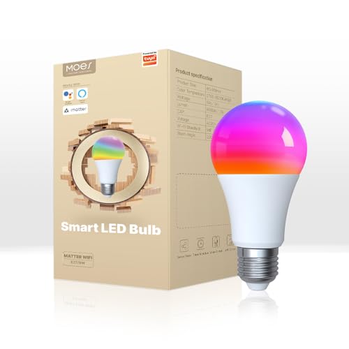 MOES Bombilla Led e27 Inteligent Wifi y Matter 9w RGB 2700K-6500K 806lm Regulable Calida/Blanco Frio, Compatible Con Alexa/Google Home, Apple HomeKit, Smart Things