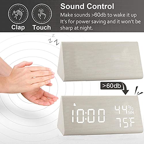 Jall 【Upgraded】 Digital Wooden Alarm Clock, With 3 Alarm Settings, Electronic Led Time Display, 3 Level Brightness & Temperature, Good For Bedroom, Bedside, Desk, Office, Kids And Families, White #TOP3