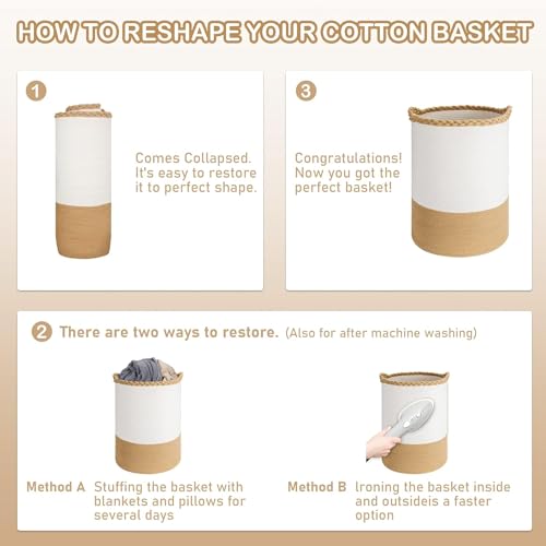 Image of ALBY Woven,Tall Wicker Laundry Basket for Blankets,Clothes,Pillows,Toys,Shoes Large Cotton Laundry Hamper for Bedroom Living Room Bathroom Nursery (58L / Large 15 inchD x 20 inchH, WhiteA)