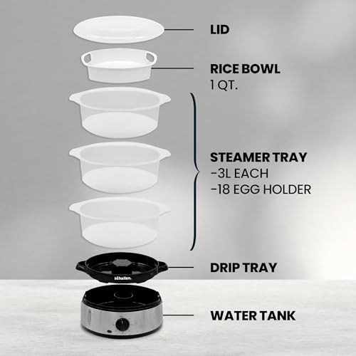 Schallen Premium Healthy Eating Electric Food Steamer Machine Large 9L Capacity 3 Tier Rice Meat Vegetable Food Steaming Cooker | Stainless Steel Silver & Black | 60 Minute Timer - Image 4