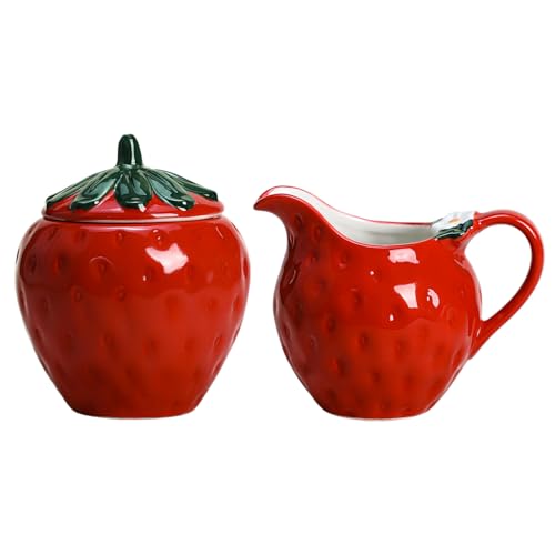 CHOOLD Ceramic Strawberry Shape Creamer and Sugar Bowl Set, Cream