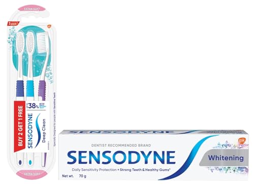 Image of Sensodyne Deep Clean Manual Brush Super Saver Pack For Adult (Multicolor, Pack Of 3) & Toothpaste Whitening, Sensitive Tooth Paste To Restore Natural Whiteness, 70 gm