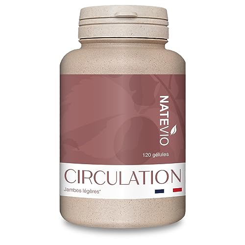 NATEVIO Circulation - Pilulier de 120 gélules - Circulation, jambes légères, Mémoire, Vigne rouge, Marron d'inde, Gingko - Fabriqué en France - Natevio