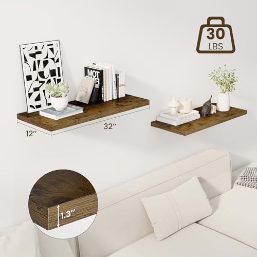 Image of Dreamland 32 inch Floating Shelves for Wall, 12 inch Deep Slim Rustic Brown Floating Shelves, Wall-Mounted Shelves for Bedroom, Living Room, Kitchen, Bathroom - Set of 2