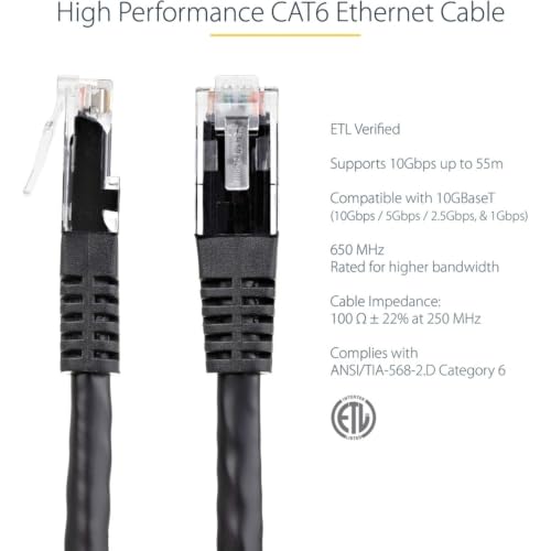 Image of StarTech 35ft CAT6 Ethernet Cable - Black CAT 6 Gigabit Ethernet Wire -250Mhz 100W PoE RJ45 UTP Molded Network Patch Cord with Strain Relief (C6PATCH35BK)