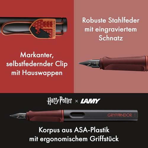 Lamy safari Harry Potter Gryffindor™ Füller – Special Edition Füllhalter mit Wappen des Hauses - Stahlfeder in Strichbreite M – mit ergonomischen Griff – inkl. Tintenpatrone T10 blau – Rechtshänder