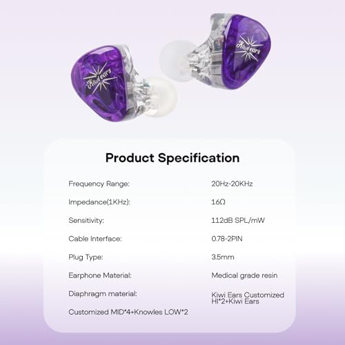 LINSOUL Kiwi Ears Orchestra Lite Performance Custom 8BA In-Ear Monitor IEM mit Abnehmbarem 4-adrigem 7N Sauerstofffreiem Kupfer OFC Kabel, Handgefertigter Faceplate(Lila)