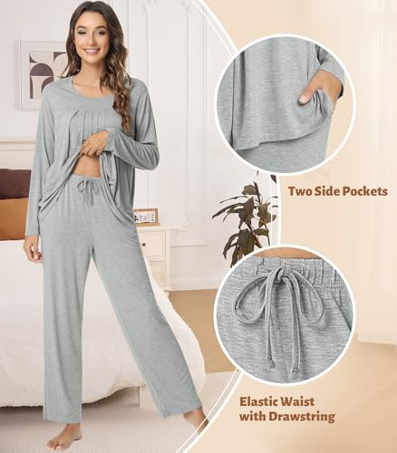 NACHILA Pajamas for Women-Viscose Made from Bamboo,Long Sleeve Pajama Sets Comfy Loungewear Pleated Pjs3