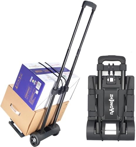 Folding Hand Truck Trolley Dolly, Folding Cart Small Trolley Dolly with Wheels, Lightweight Utility Dolly Expandable Baseplate Small Backpack Portable Luggage Cart for Airport Travel