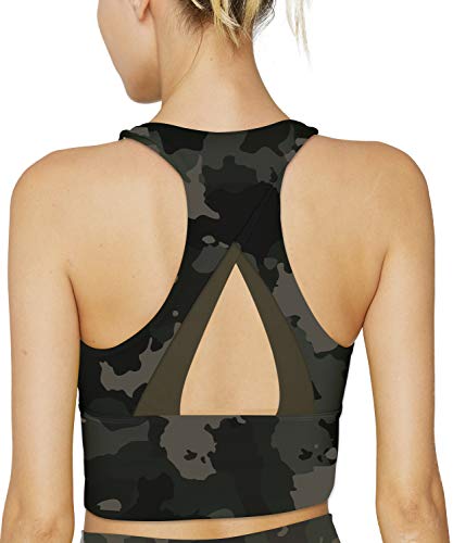 light & leaf Sports Bra Longline Yoga Bra Medium Impact Support Crop Long Workout Bras for Women Black Camo