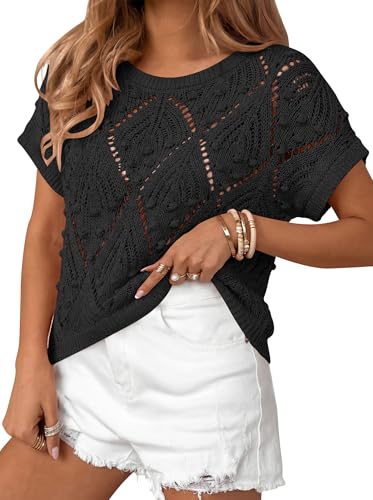 Image of Cakulo Womens Crochet Crop Tops 2026 Summer Short Sleeve Hollow Out Boho Sweater Beach Vacation Cruise Resort Wear