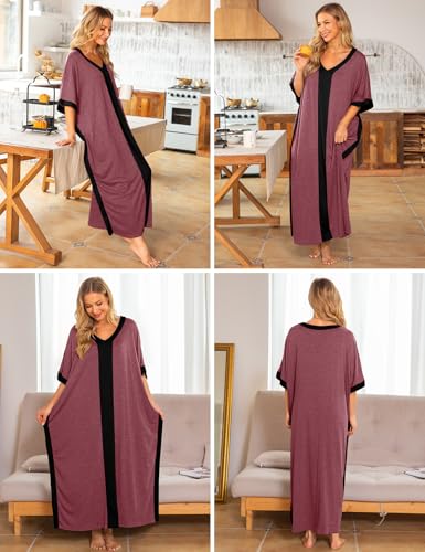 Image of Bloggerlove Women Nightgowns Cotton Caftan House Dress Short Sleeve Sleepwear Vacation Beach Moo Moos Dress with Pockets