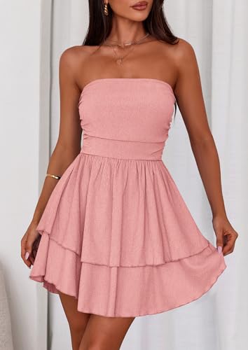 Image of PRETTYGARDEN Women's 2026 Summer Strapless Tube Mini Dress Off Shoulder Smocked Ruffle A Line Flowy Short Party Club Dresses