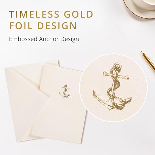Image of Graphique Anchor La Petite Presse Boxed Notecards - 10 Embossed and Embellished Gold Foil Anchor Blank Cards with Matching Envelopes, 3.25 inch x 4.75 '