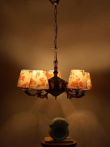 Image of Devansh 05-Light Printed Conical Multicolor Cotton Shade Chandelier - Antique Golden Finish | Adjustable Cord | Warm Glow Lamp - Ceiling Light for Living Room, Dining Area, BedroomDecor - D7