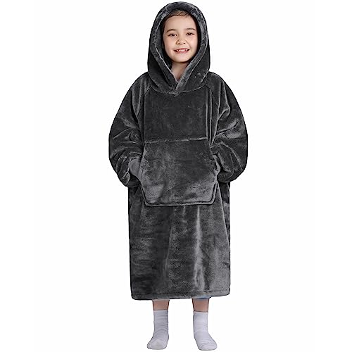 Image of Waitu Wearable Blanket for Kids, Cozy Wearable Blanket Hoodie for Teens Girls Boys, Warm Blanket Sweatshirt Gift for Teenage, Hoodie Blanket with Sleeves and Giant Pocket - Dark Gray