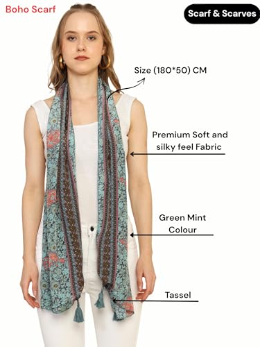 Image of KE KANHA EXPORT Women Scarf|Stole For Women|Scarf For Women Stylish|Stall For Women|Border Print Face Cover Head Wrap|Boho|Beach|Multicolor|180x50cm|Pack Of 1|FREE Scrunchie Included