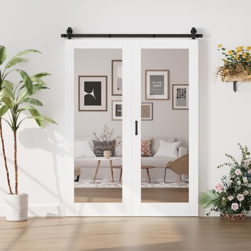 Image of Bifold Barn Door Slab 48 inchx80 inch with White Full Length Mirror & 64 inch Track Kit