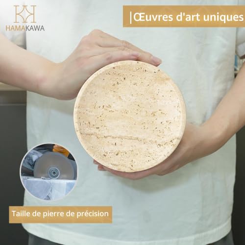 HAMAKAWA Vide Poche Marbre Naturel, Plateau Decoratif Rond Beige 14cm, Porte Savon Douche Modernes Travertin, Coupelle Bijoux pour Bague, Le pour Les Femmes – vue 8