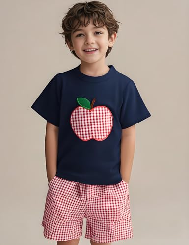 Image of Pudcoco Kids Toddler Boys Back to School Outfit Apple Applique Shirt + Plaid Shorts First Day of School Clothes Set