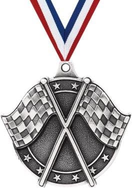 Crown Awards Checkered Flags Medal - Silver Race Car Racing Medals with Neck Ribbon Prime