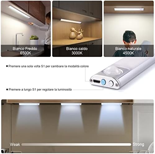 AiQInu Wireless LED Magnetic USB Rechargeable Motion Sensor Cabinet 4 Modes with 3 Brightness Levels for Wardrobe, Hallway, Stairs