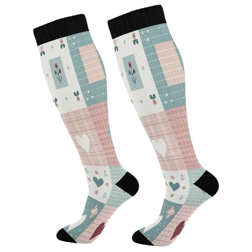 Burbuja Heart Patchwork Compression Socks for Women Men (20-30mmHg), Knee High Socks Circulation Support for Sport Running Hiking Nurse, 1 Pair