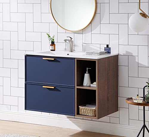 Mogiyin Home 36" Floating Bathroom Vanity With Sink Modern Design Blue&Brown,Bathroom Vanity With Sink Wall Mounted Bathroom Sink Cabinet,Bathroom Vanities Combo Set With White Vessel Sink #TOP1