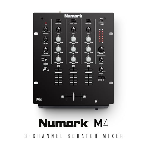 Image of Numark M4 |3-Channel Rack Mountable Scratch DJ Mixer, Combo Jack Connection, with 3-Band EQ, Club-Ready Inputs, Mic Input and Reverse /Slope Controls, Black