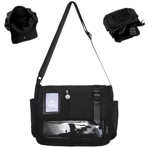 Bolso escolar japonés Kawaii Crossbody Nylon Negro Ita Bag con bolsillo de exhibición de pin Correa ajustable Monedero Ita de gran capacidad para niñas y mujeres Japonesas, Cute Messenger, Kawaii