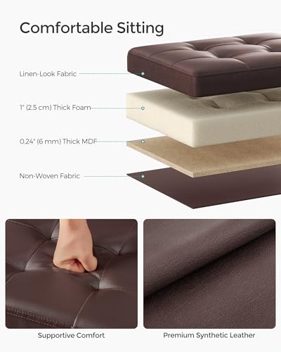 Image of SONGMICS Small Folding Storage Ottoman, Foot Rest Stool, Cube Footrest, Synthetic Leather, 12.2 x 16.1 x 12.2 Inches, 286 lb Capacity, for Living Room, Bedroom, Dorm, Chestnut Brown ULSF100K02