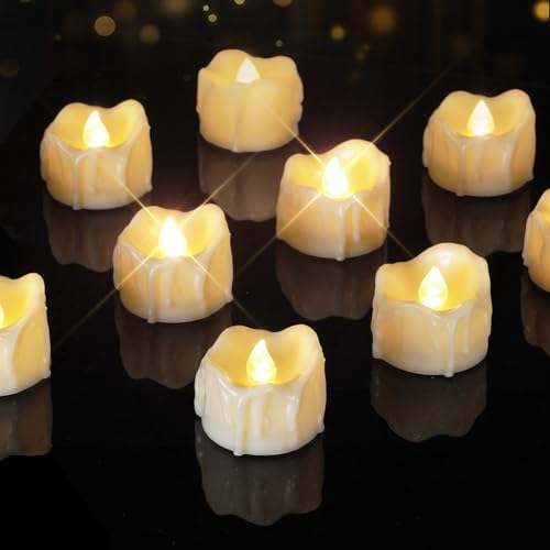 Image of Homemory 24 Pack White Dripping Flameless LED Tea Lights, 1.58 inch x 1.2 inch Battery Operated Flickering Fake Candles, 200+ Hours Electric Votive Tealights for Wedding, Halloween, Christmas Centerpieces