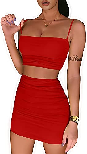 Image of Zesoyne Womens 2 Piece Outfits Spaghetti Strap Ruched Cami Crop Tops Summer Bodycon Short Mini Skirt Dress Set Clubwear X-Small Red
