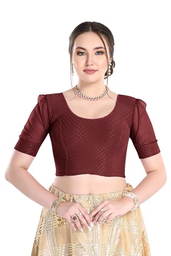 Image of FINESTFIT Stay On Trend Fashion 100% Cotton Readymade Blouses for Women,Round Neckline with Organza Balloon Sleeves.